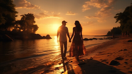Fototapeta premium silhouette of a couple walking on the beach holding hands on their honeymoon, romantic tourism