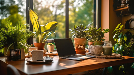 A cozy home office setup with a sleek modern desk, notebook, coffee.