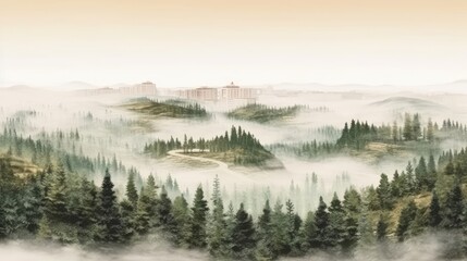 Green trees amidst fog seen atop a mountain in panorama. (Illustration, Generative AI)