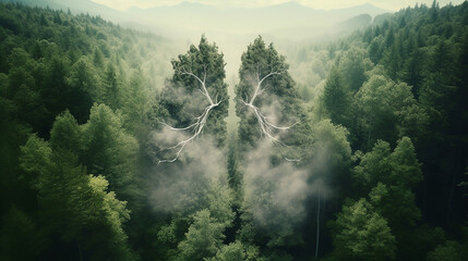 Shape of lungs in middle of forest with a view from above. Concept of nature protection, cleanliness. ,generative AI