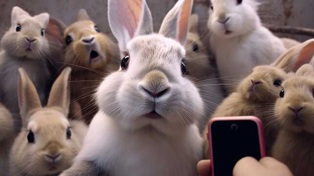 rabit taking a selfie with other rabits on an isolated background. ,generative AI