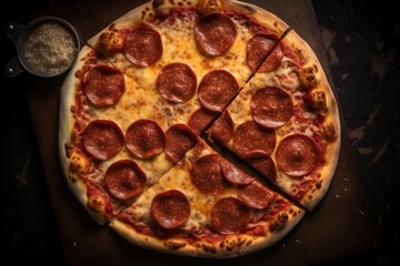 Pepperoni and cheese pizza on a black background