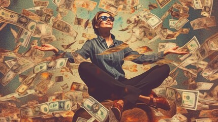 Photo of a woman sitting on a pile of cash, surrounded by flying banknotes - obrazy, fototapety, plakaty