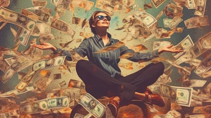 Foto op Plexiglas Photo of a woman sitting on a pile of cash, surrounded by flying banknotes © Artur