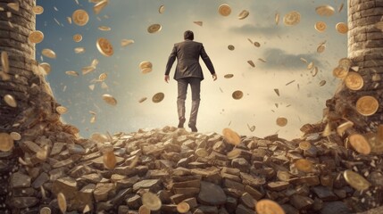 Photo of a man standing triumphantly on top of a mountain of golden coins, crash walls