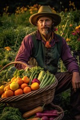 Photo of a stylish man enjoying the harvest in a rustic field with his basket of fresh vegetables