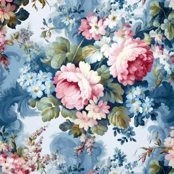 Vintage Rococo Flower Fabric Pattern In Blue, White, Pink, And Green - 17th Century French Parisian Inspired Pastel Floral Background Or Wallpaper - Generative AI