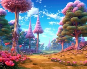 The illustration depicts a panoramic background of a fantasy forest. (Illustration, Generative AI)