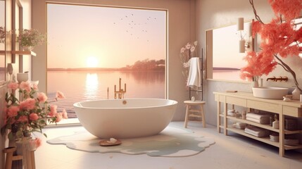 The bathroom has a luxurious, harmonious Japandi and boho-scandinavian design. (Illustration, Generative AI)
