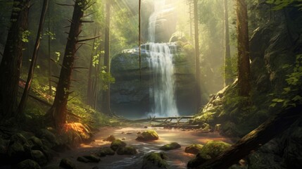 Sun shines through trees onto tasteful waterfall in lush forest. (Illustration, Generative AI)