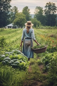 Photo of a woman carrying a basket of freshly harvested vegetables in a scenic field