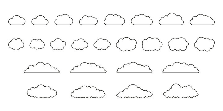 Cloud shape on sky set, weather line icon. Simple flat style of different clouds. Graphic element collection for web and print. Vector outline