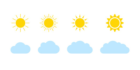 Sun and cloud on sky set, weather icon. Simple flat style of different sun and clouds. Graphic element collection. Vector