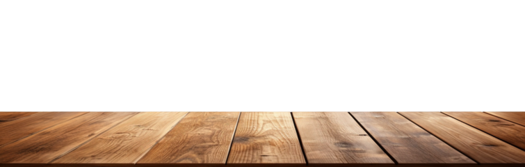 Empty wooden table top on transparent background.