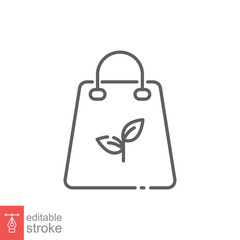 Eco bag icon. Simple outline style. Paper bag with leaf sign, shopping, nature, recycle plastic concept. Thin line symbol. Vector illustration isolated on white background. Editable stroke EPS 10.