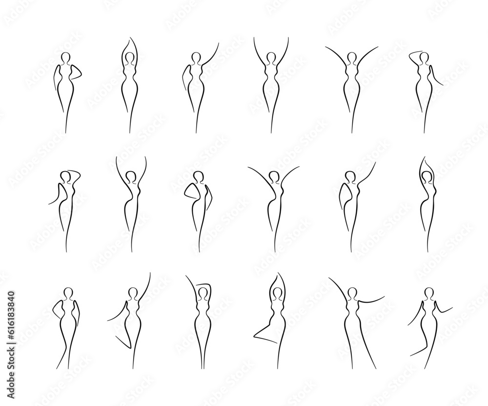 Wall mural woman body sketch, line art icons set. various female pose outline silhouettes, model, figure. abstr