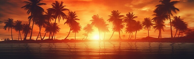 Naklejka na ściany i meble Beautiful seascape with palm trees at sunset. 3D rendering with AI-Generated Images