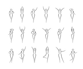Obraz premium Woman body sketch, line art icons set. Various female pose outline silhouettes, model, figure. Abstract sign of girl for wellness center, sport, dance, beauty salon, spa. Vector illustration