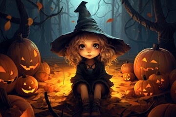 A little witch sitting in a dark forest, next to Halloween pumpkins, cartoon style. Generative AI