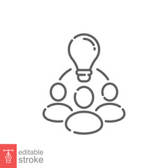 Collaboration idea icon. Simple outline style. Business team with lightbulb, innovation collaborate concept. Thin line symbol. Vector illustration isolated on white background. Editable stroke EPS 10.