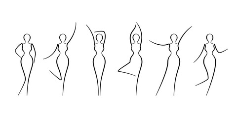 Woman body sketch, line art icons set. Various female pose outline silhouettes, model, figure. Abstract sign of girl for wellness center, sport, dance, beauty salon, spa. Vector illustration