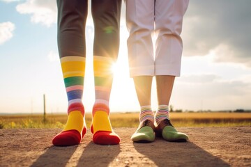 a pair of colourful socks on a sunny day outside on the street