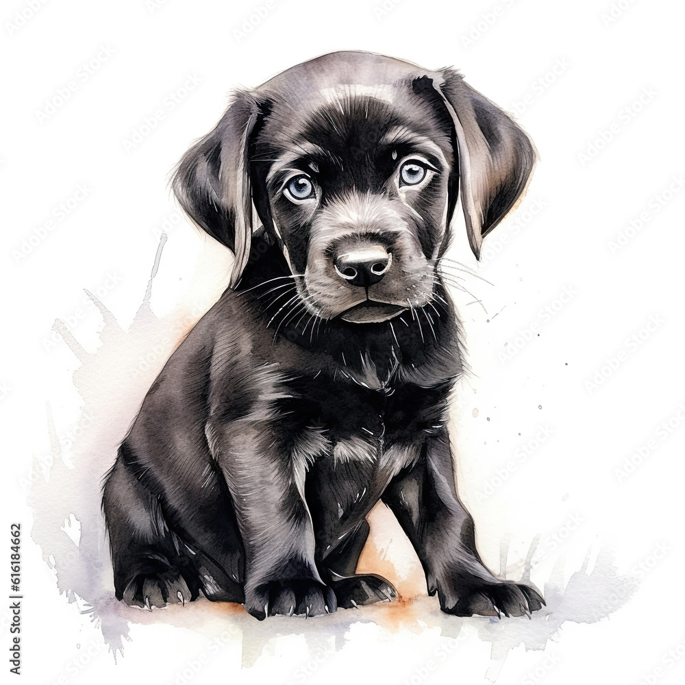 Wall mural cute black labrador puppy, front view, isolated on white background. digital watercolour illustratio