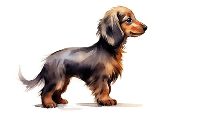 Cute long haired dachshund side view, isolated on white background. Digital watercolour illustration.