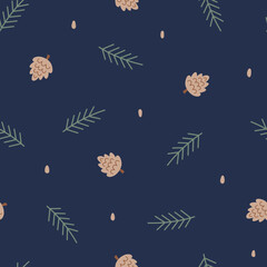 Fototapeta na wymiar Winter or fall seamless pattern with pine branches and cones. Autumn or winter nature theme wallpaper. Hand drawn vector illustration on dark blue background. 
