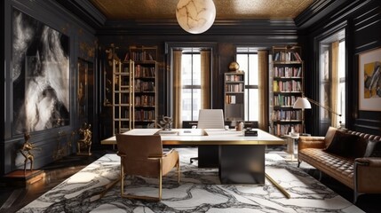 Generate an image of a luxurious home office, complete with a grand, modern desk made from a combination of precious materials such as marble, brass, and exotic wood. Generative AI