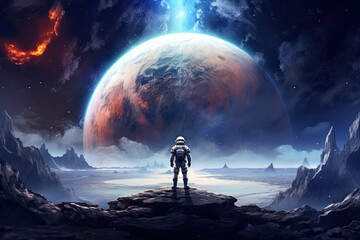 Obraz na płótnie Canvas Astronaut standing on moon with space background