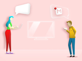 Woman standing send email to her friend via laptop with bubble speech,  new notifications icon and computer transparent on isolated background. 
Communication people via online. Illustration 3D social