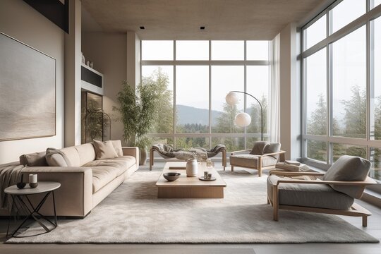 Modern Living Room with Clean Lines, Neutral Tones, and Ample Natural Light Created with Generative AI