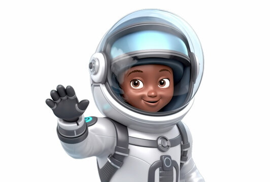 An African-American free-haired boy dressed as an astronaut is waving. Astronaut concept. AI generated.