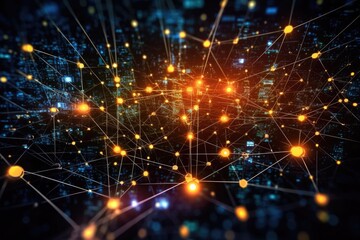 A dynamic, long - exposure shot taken with a wide - angle lens depicts a network of glowing, interconnected nodes suspended in mid - air. Generative AI