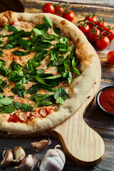 pizza on a wooden table