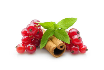 Fresh berries of red currant with cinnamon stick and mint leaves isolated on white background. Tea,...
