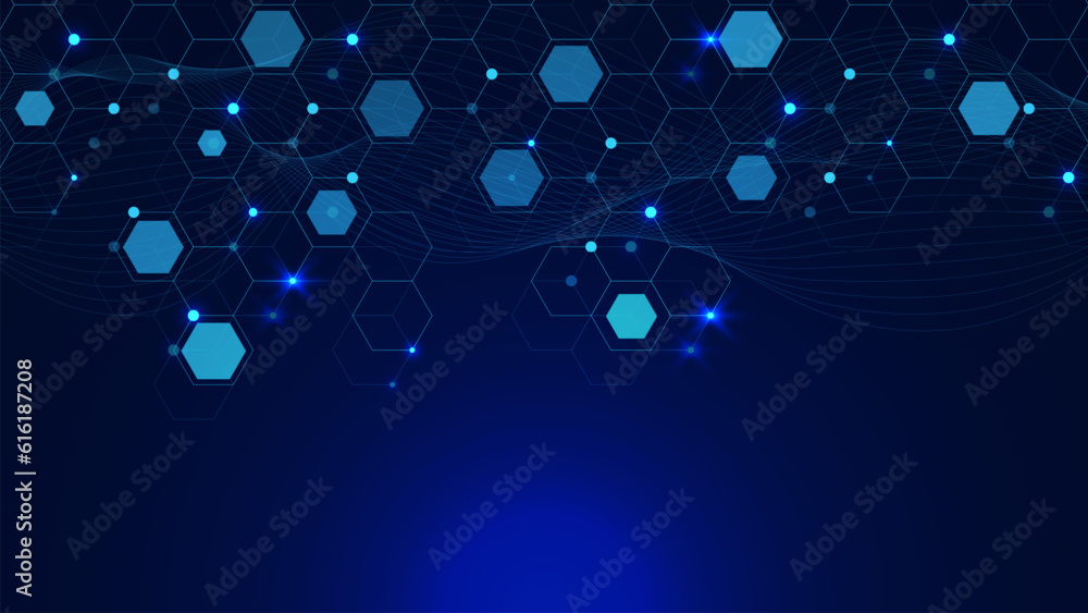 Poster modern scientific with hexagon shapes and glowing particles. molecular structure, big data visualiza
