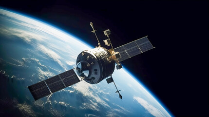 Obraz na płótnie Canvas Space satellite over the planet earth. Satellite constellation orbiting Earth, satellite communication concept. Generative AI.