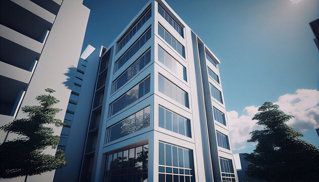 Exterior view of a modern apartment condominium building with white and glass, stucco and wood accents against a blue sky Ai generated image