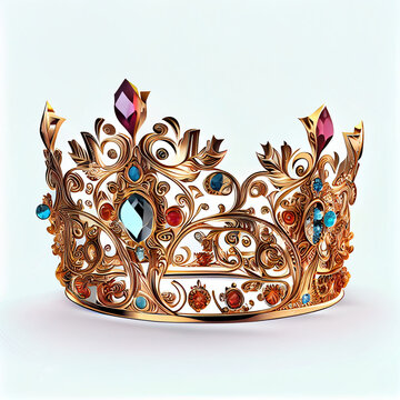 Ornate golden crown with precious stones isolated on a white background Ai generated image 