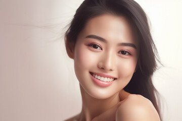 Naklejka premium Beautiful Asian Woman, Close up on her face with Smooth skin look at the camera on a White background in Studio light. generative AI