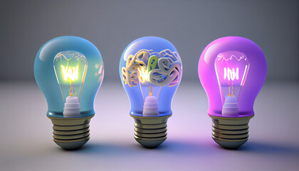 Three lightbulbs containing brains, intelligence, ideas, innovation, and critical thinking, pastel colors Ai generated image