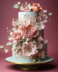 Illustration of a three-tiered cake decorated with pink flowers on top created with Generative AI technology