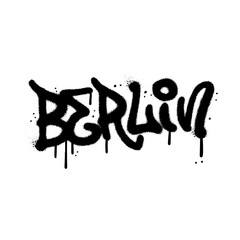 Image of Urban graffiti Berlin word sprayed in black over white. 90s - 00s airbrush textured vector illustration. printed on Printed Glass Splashbacks