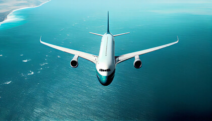 Fototapeta premium View from above of a passenger or cargo jet plane flying over the vast blue ocean, capturing the essence of global travel and aviation Ai generated image