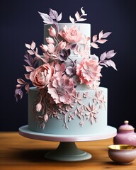 Illustration of a decorative cake with pink and blue frosting and floral decorations created with Generative AI technology