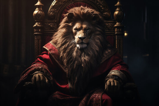 Royal lion sitting on a throne, closeup. Generative AI