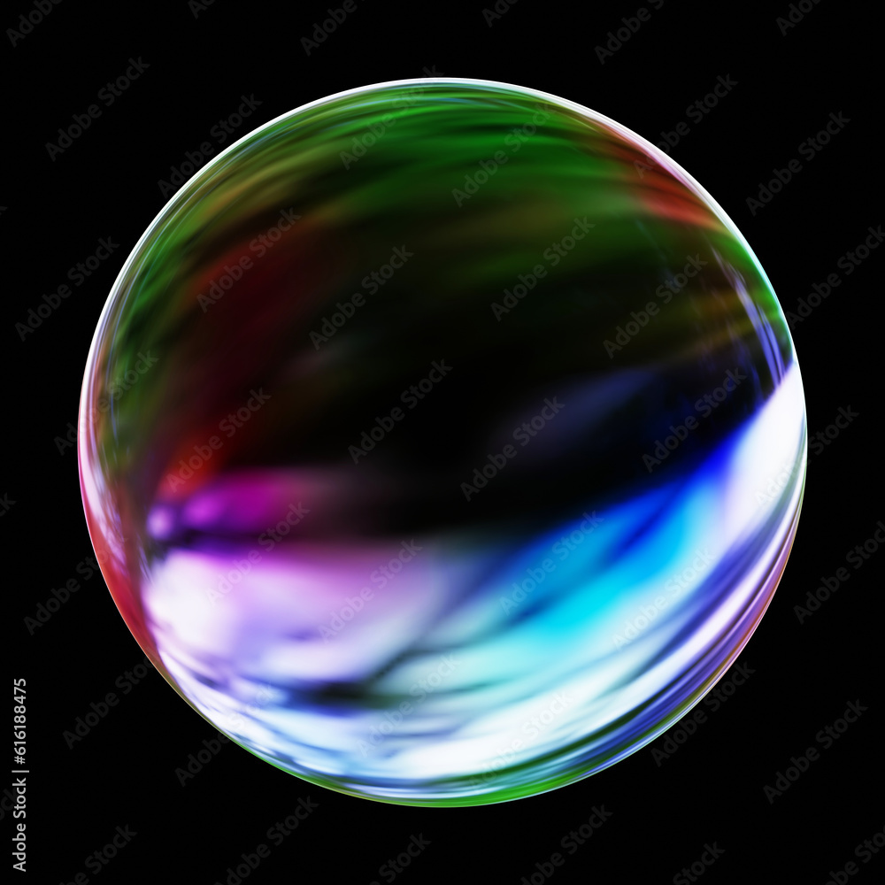 Poster colorful glowing sphere or soap bubble isolated on black background in 3d rendering
