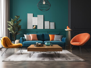 Young stylish colorful modern living room interior